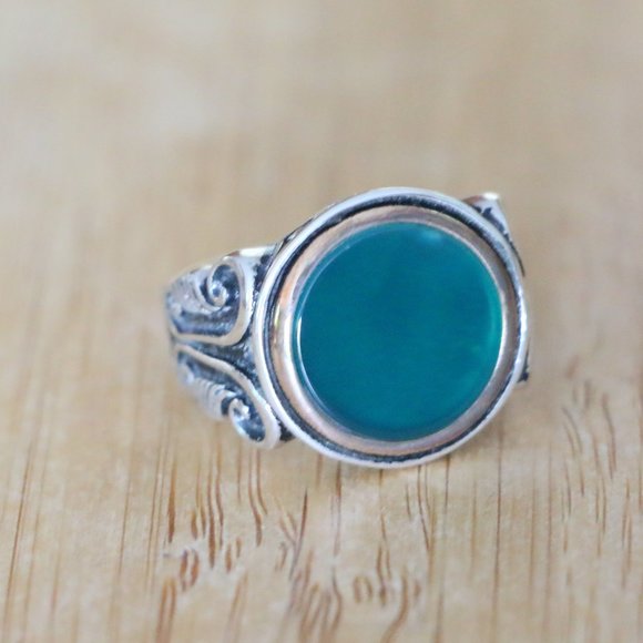 925 Sterling Silver Men's Ring with Green Agate Stone - Picture 5 of 11